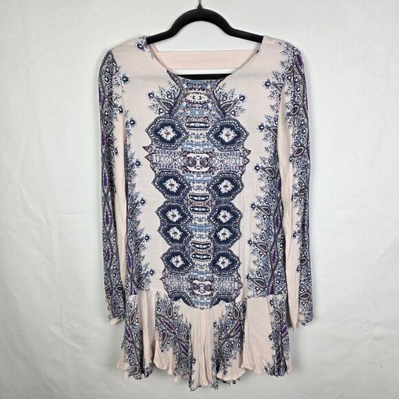 FREE PEOPLE Smooth Talker Dress Antique Pink Abstract Back Cut-Out Sz XS Boho - Picture 2 of 7